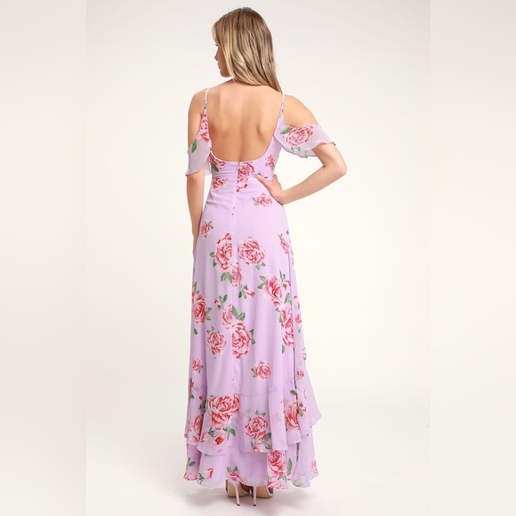 Lulus Lavender Pink Floral Maxi Dress Ruffles Roses Wedding Victorian Coquette - Picture 4 of 7